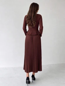Firerie Dark Brown Asymmetrical Pleated Dress Autumn Elegant Casual Vacation Formal Business French Going Out Dinner Formal Ceremony Luxury Homecoming Wedding - Brown - View 3