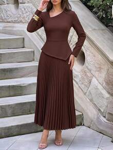 Firerie Dark Brown Asymmetrical Pleated Dress Autumn Elegant Casual Vacation Formal Business French Going Out Dinner Formal Ceremony Luxury Homecoming Wedding - Brown - View 7