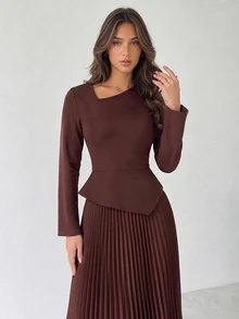 Firerie Dark Brown Asymmetrical Pleated Dress Autumn Elegant Casual Vacation Formal Business French Going Out Dinner Formal Ceremony Luxury Homecoming Wedding - Brown - View 5