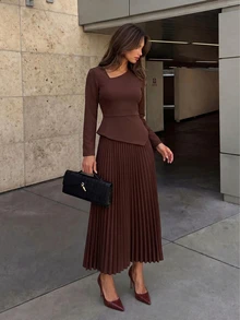 Firerie Dark Brown Asymmetrical Pleated Dress Autumn Elegant Casual Vacation Formal Business French Going Out Dinner Formal Ceremony Luxury Homecoming Wedding - Brown - View 2