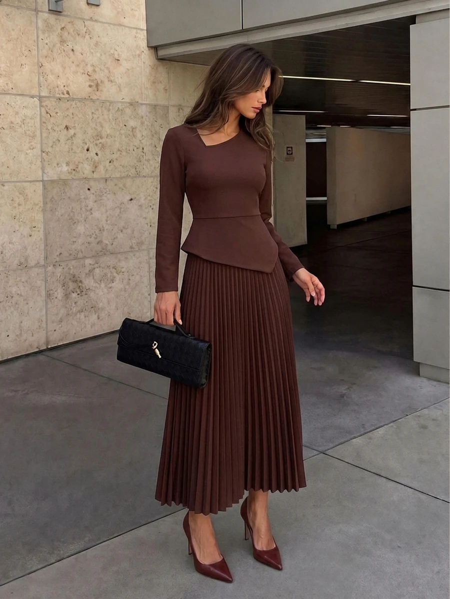 Firerie Dark Brown Asymmetrical Pleated Dress Autumn Elegant Casual Vacation Formal Business French Going Out Dinner Formal Ceremony Luxury Homecoming Wedding