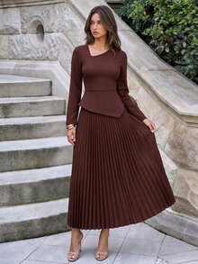 Firerie Dark Brown Asymmetrical Pleated Dress Autumn Elegant Casual Vacation Formal Business French Going Out Dinner Formal Ceremony Luxury Homecoming Wedding - Brown - View 6