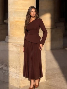 Firerie Dark Brown Asymmetrical Pleated Dress Autumn Elegant Casual Vacation Formal Business French Going Out Dinner Formal Ceremony Luxury Homecoming Wedding - Brown - View 8