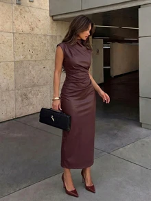 Firerie Women's Solid Color PU Leather Ruched Slim Fit Fashion Long Dress - Burgundy - View 1