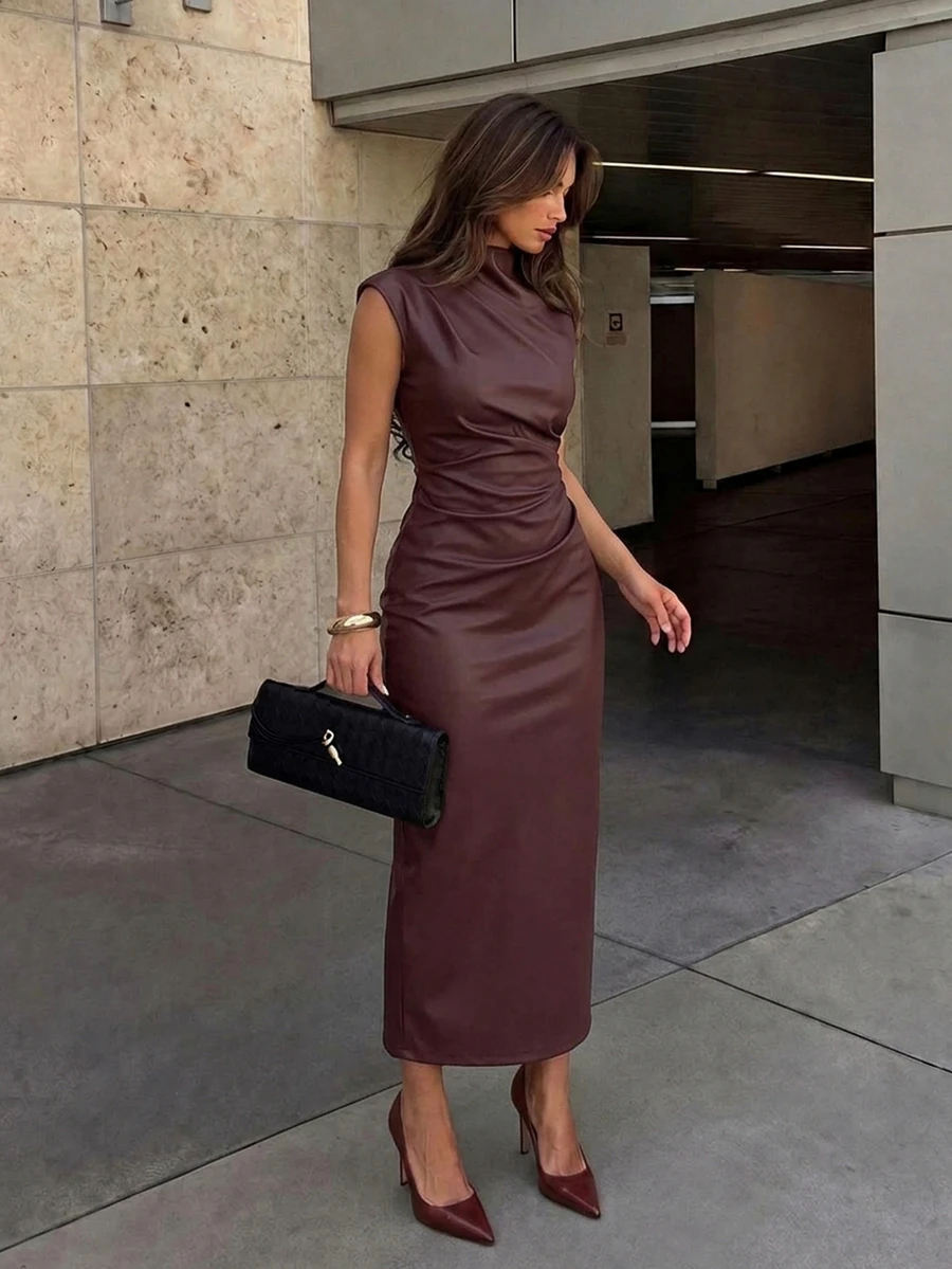 Firerie Women's Solid Color PU Leather Ruched Slim Fit Fashion Long Dress - Burgundy - View 1