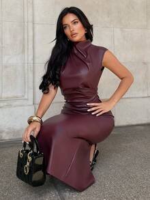Firerie Women's Solid Color PU Leather Ruched Slim Fit Fashion Long Dress - Burgundy - View 5