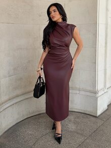 Firerie Women's Solid Color PU Leather Ruched Slim Fit Fashion Long Dress - Burgundy - View 4
