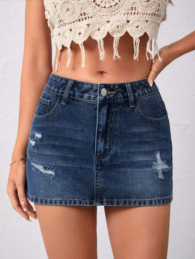 SHEIN PETITE 女款性感鈕扣口袋磨損牛仔迷你裙 - 藍色 - 查看 4