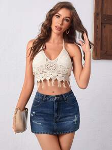 SHEIN PETITE Women's Sexy Button Pocket Distressed Denim Mini Skirt - Blue - View 5