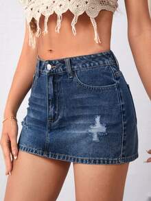 SHEIN PETITE Women's Sexy Button Pocket Distressed Denim Mini Skirt - Blue - View 2