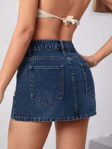 SHEIN PETITE Women's Sexy Button Pocket Distressed Denim Mini Skirt - Blue - View 3