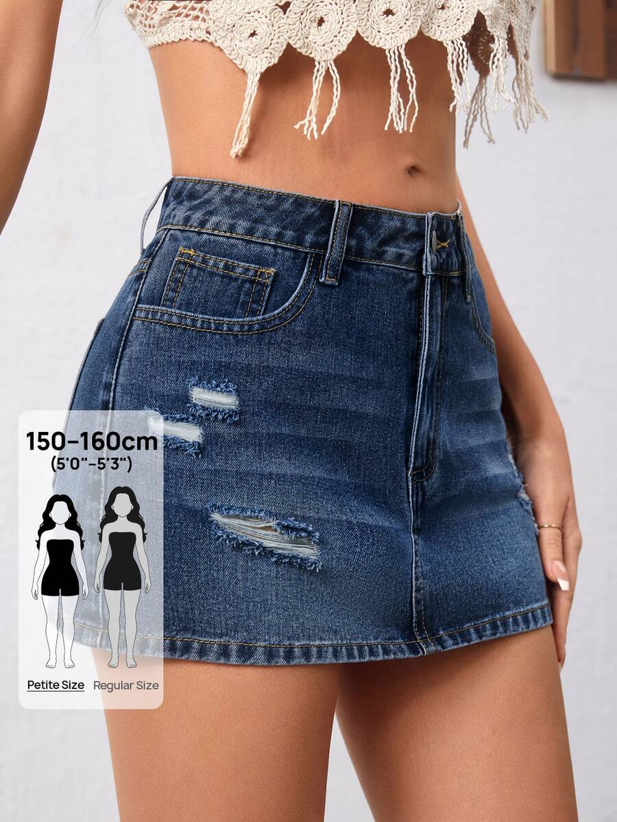 SHEIN PETITE Women's Sexy Button Pocket Distressed Denim Mini Skirt - Blue - View 1