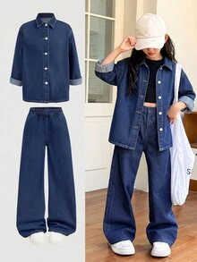 SHEIN Kids 2Pcs Tween Girl Loose Y2k Comfortable Warm Brushed Dark Blue Denim Loose Shirt And Jeans For School - Blue - View 1