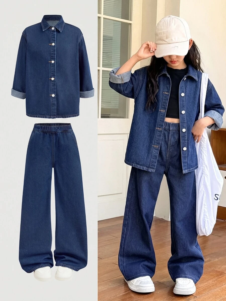SHEIN Kids 2Pcs Tween Girl Loose Y2k Comfortable Warm Brushed Dark Blue Denim Loose Shirt And Jeans For School - Blue - View 1
