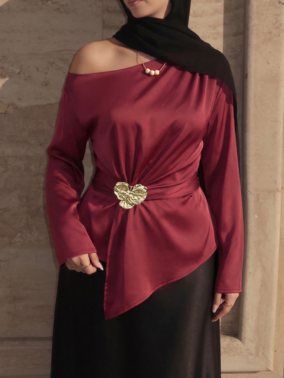 Juhart Plus Size Women's Woven Regular Fit Autumn/Winter French Vintage Elegant Minimalist Date Asymmetrical Shoulder Asymmetric Satin Twisted Waist Metal Buckle Asymmetrical Hem Light Luxury Commute Mid-Purple Red Blouse