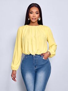 SOLERSUN Round Neck, Gathered, Button-Down, Waist Pocket, Pale Yellow Office City Break Brunch Fall Casual - Light Yellow - View 3