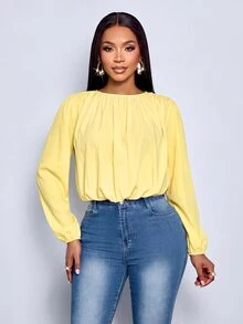SOLERSUN Round Neck, Gathered, Button-Down, Waist Pocket, Pale Yellow Office City Break Brunch Fall Casual - Light Yellow - View 6