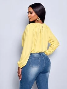 SOLERSUN Round Neck, Gathered, Button-Down, Waist Pocket, Pale Yellow Office City Break Brunch Fall Casual - Light Yellow - View 2