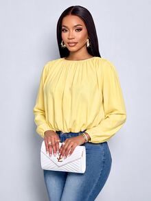SOLERSUN Round Neck, Gathered, Button-Down, Waist Pocket, Pale Yellow Office City Break Brunch Fall Casual - Light Yellow - View 7