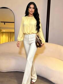 SOLERSUN Round Neck, Gathered, Button-Down, Waist Pocket, Pale Yellow Office City Break Brunch Fall Casual - Light Yellow - View 4