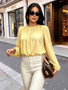 SOLERSUN Round Neck, Gathered, Button-Down, Waist Pocket, Pale Yellow Office City Break Brunch Fall Casual - Light Yellow - View 1