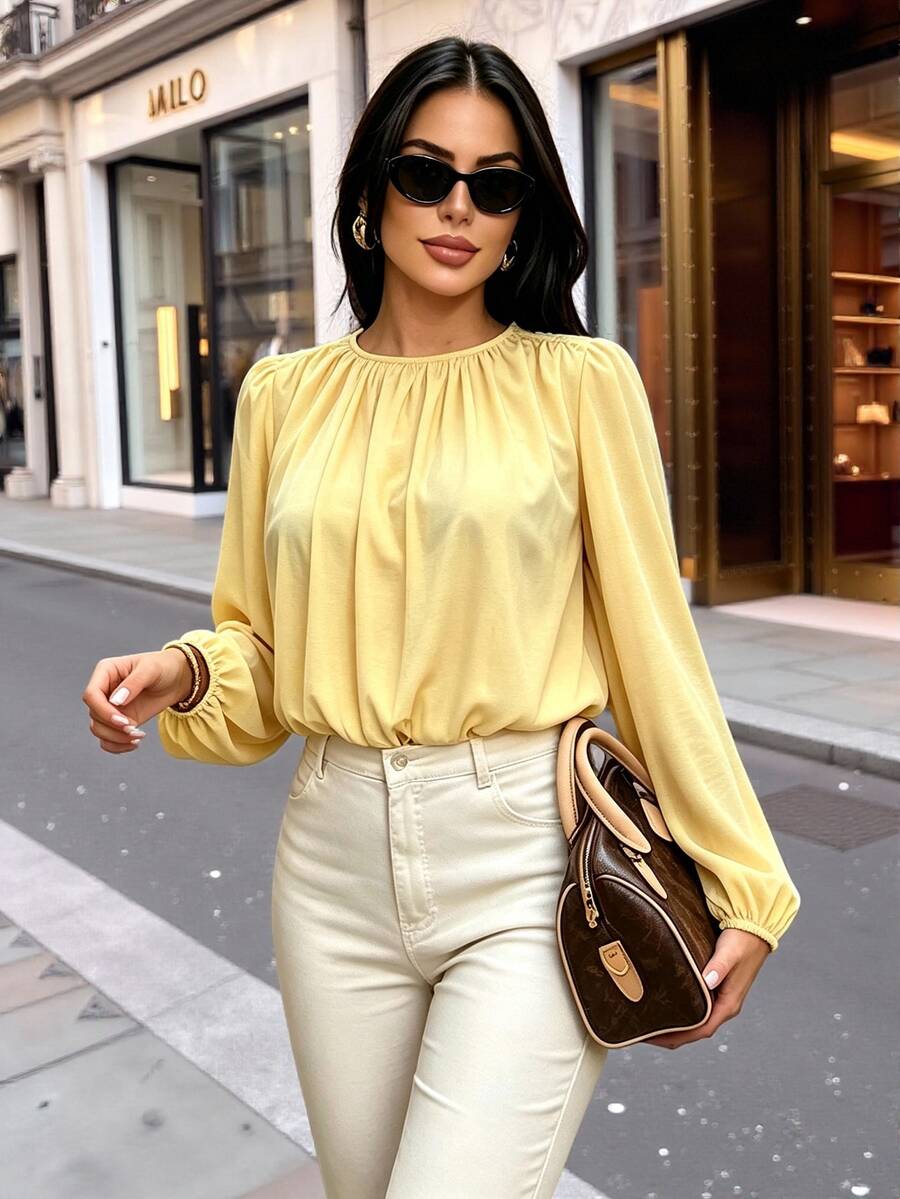 SOLERSUN Round Neck, Gathered, Button-Down, Waist Pocket, Pale Yellow Office City Break Brunch Fall Casual - Light Yellow - View 1