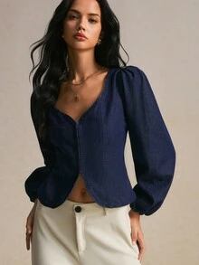 Poéselle 女款甜心領休閒法式優雅百搭牛仔上衣，適合秋季早午餐、海軍藍、夜生活、日常穿著與約會 - 深色水洗藍 - 查看 3