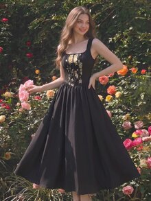 SHEIN MOD فستان نسائي عتيق أنيق مطرز بتصميم عظم السمك مع طيات - الأسود - مشاهدة 4