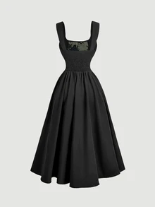SHEIN MOD فستان نسائي عتيق أنيق مطرز بتصميم عظم السمك مع طيات - الأسود - مشاهدة 6