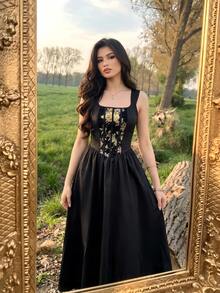 SHEIN MOD فستان نسائي عتيق أنيق مطرز بتصميم عظم السمك مع طيات - الأسود - مشاهدة 1