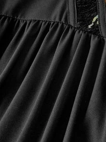 SHEIN MOD فستان نسائي عتيق أنيق مطرز بتصميم عظم السمك مع طيات - الأسود - مشاهدة 8