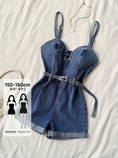 Rivivi Petite Women's Fashion Sexy Spaghetti Strap Denim Romper