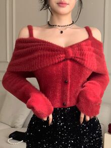 DAZY Women's Elegant Solid Color Off-Shoulder Bow Knit Sweater, Autumn/Winter Christmas - Burgundy - View 6