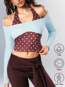VARSIVA Colorblock Patchwork Polka Dot Print Off-Shoulder Halter Neck Sports T-Shirt - Multicolor - View 8