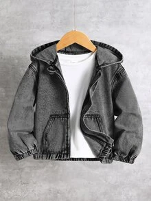 Boys' New Vintage Mid-Blue Washed Denim Hooded Jacket, American Street Style, Premium Edgy Niche Denim Jacket, Comfortable Soft Fabric, Fall - Grey - View 2
