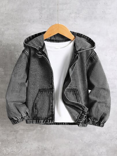 Boys' New Vintage Mid-Blue Washed Denim Hooded Jacket, American Street Style, Brand, Premium Edgy Niche Denim Jacket, Comfortable Soft Fabric, Suitable For Casual Outings And Outdoor Wear, Perfect Matching