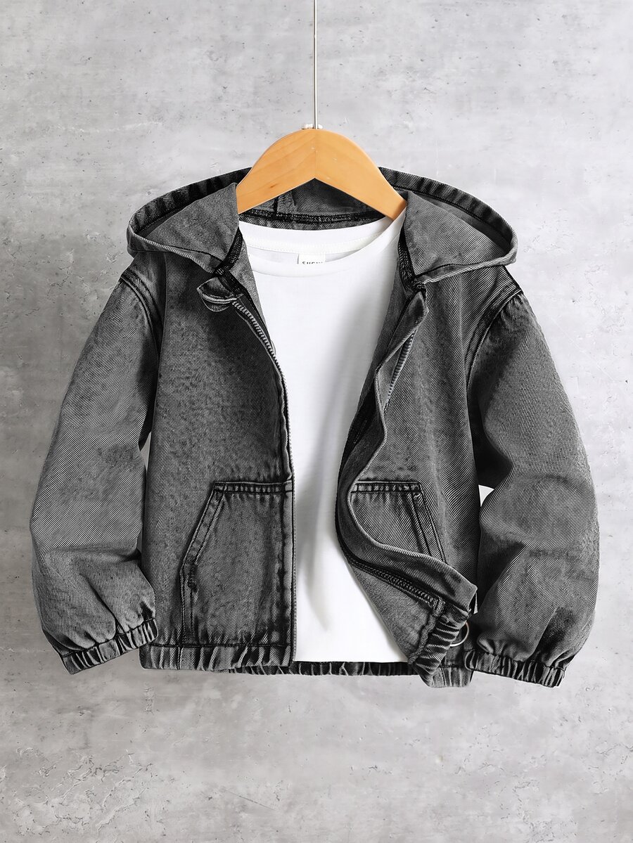 Boys' New Vintage Mid-Blue Washed Denim Hooded Jacket, American Street Style, Premium Edgy Niche Denim Jacket, Comfortable Soft Fabric, Fall