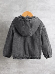Boys' New Vintage Mid-Blue Washed Denim Hooded Jacket, American Street Style, Premium Edgy Niche Denim Jacket, Comfortable Soft Fabric, Fall - Grey - View 3