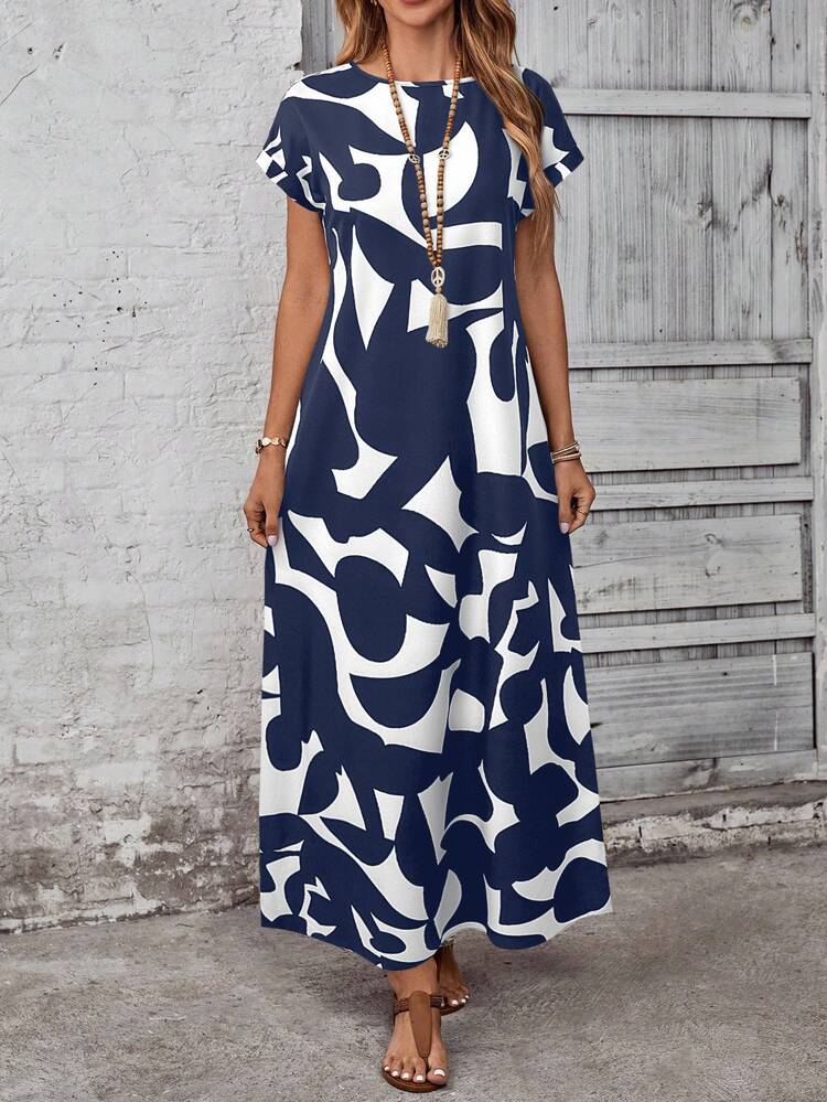 SHEIN LUNE Vestido casual de mujer con estampado todo sobre, adecuado para vacaciones - Azul - Añade 6