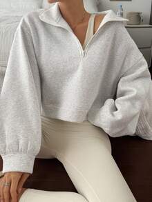Livesso Women's Casual Solid Color Half-Zip Cropped Sweatshirt Fall,Winter - Grey - View 4