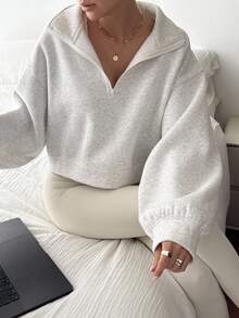 Livesso Women's Casual Solid Color Half-Zip Cropped Sweatshirt Fall,Winter - Grey - View 3