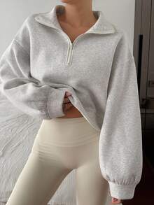 Livesso Women's Casual Solid Color Half-Zip Cropped Sweatshirt Fall,Winter - Grey - View 6