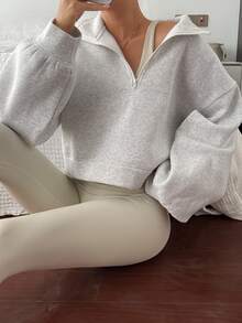 Livesso Women's Casual Solid Color Half-Zip Cropped Sweatshirt Fall,Winter - Grey - View 5