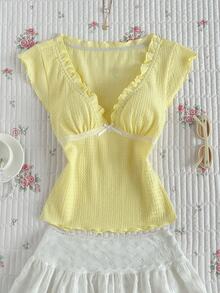 Flirla Women's Yellow Summer Cute Everyday Sweet Casual Vacation Lace Patchwork Bow Decor Ruffle Hem Fitted Tight Waist Flutter Sleeve T-Shirt Top,Spring - Yellow - View 3