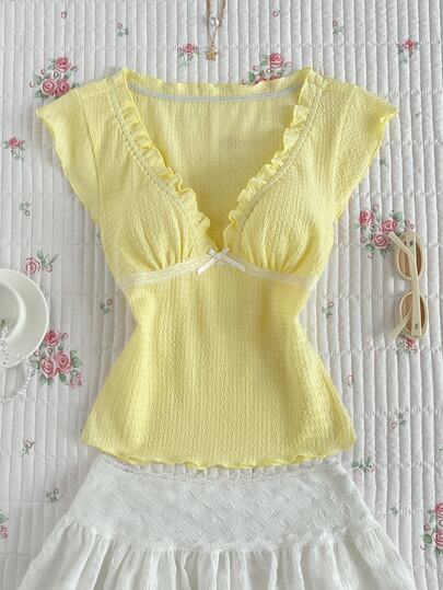 Flirla Women's Yellow Summer Cute Everyday Sweet Casual Vacation Lace Patchwork Bow Decor Ruffle Hem Fitted Tight Waist Flutter Sleeve T-Shirt Top,Spring