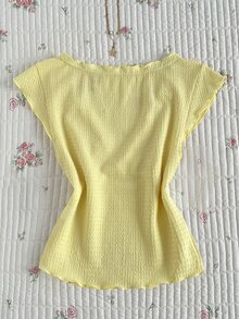 Flirla Women's Yellow Summer Cute Everyday Sweet Casual Vacation Lace Patchwork Bow Decor Ruffle Hem Fitted Tight Waist Flutter Sleeve T-Shirt Top,Spring - Yellow - View 2