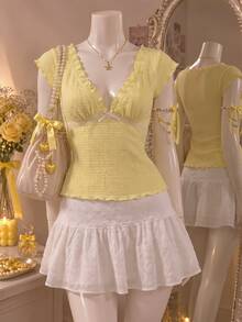 Flirla Women's Yellow Summer Cute Everyday Sweet Casual Vacation Lace Patchwork Bow Decor Ruffle Hem Fitted Tight Waist Flutter Sleeve T-Shirt Top,Spring - Yellow - View 1