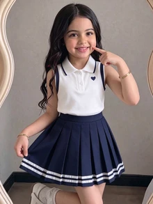 SHEIN Elladie kids 2件組少女校園風愛心印花翻領無袖上衣與百褶裙，附緞帶飾邊，返校女童秋季服飾 - 彩色 - 查看 4