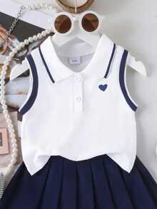 SHEIN Elladie kids 2件組少女校園風愛心印花翻領無袖上衣與百褶裙，附緞帶飾邊，返校女童秋季服飾 - 彩色 - 查看 7