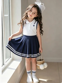 SHEIN Elladie kids 2件組少女校園風愛心印花翻領無袖上衣與百褶裙，附緞帶飾邊，返校女童秋季服飾 - 彩色 - 查看 1